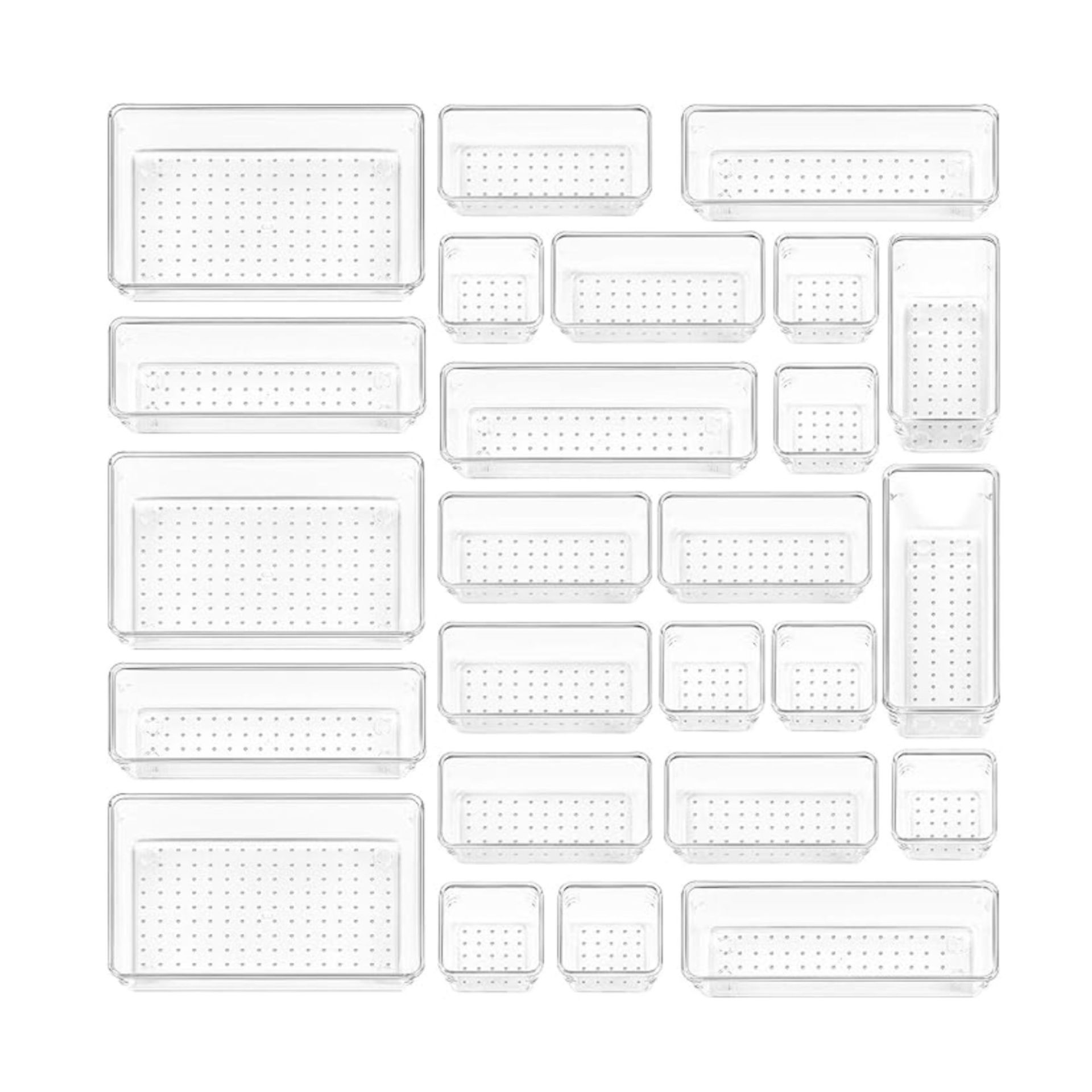 Vtopmart 25 PCS Clear Plastic Drawer Organizers Set, 4-Size Versatile Bathroom and Vanity Drawer Organizer Trays, Storage Bins for Makeup, Bedroom, Kitchen Gadg