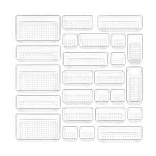 Vtopmart 25 PCS Clear Plastic Drawer Organizers Set, 4-Size Versatile Bathroom and Vanity Drawer Organizer Trays, Storage Bins for Makeup, Bedroom, Kitchen Gadgets Utensils and Office