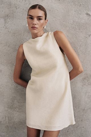 Harmony Putty Cowl Linen Mini Dress