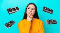 A thoughtful-looking woman on a blue background surrounded by graphics cards.