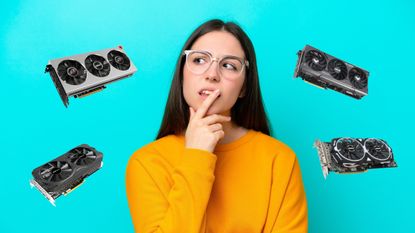 A thoughtful-looking woman on a blue background surrounded by graphics cards.