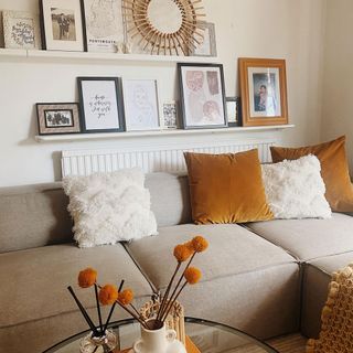 sofa with cushions and shelf and pictures