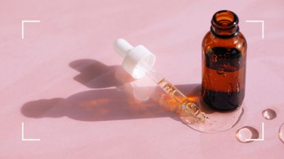 A dropper of sodium hyaluronate serum on a pink background