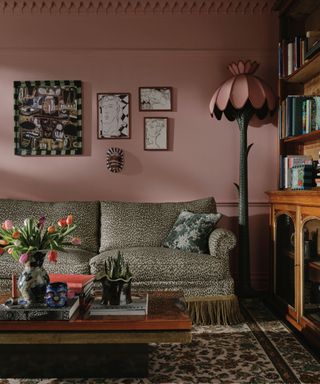 Animal print sofa paired with pink decor