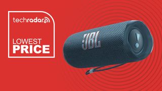 The JBL Flip 6 on a red background featuring the words 'Lowest price'.