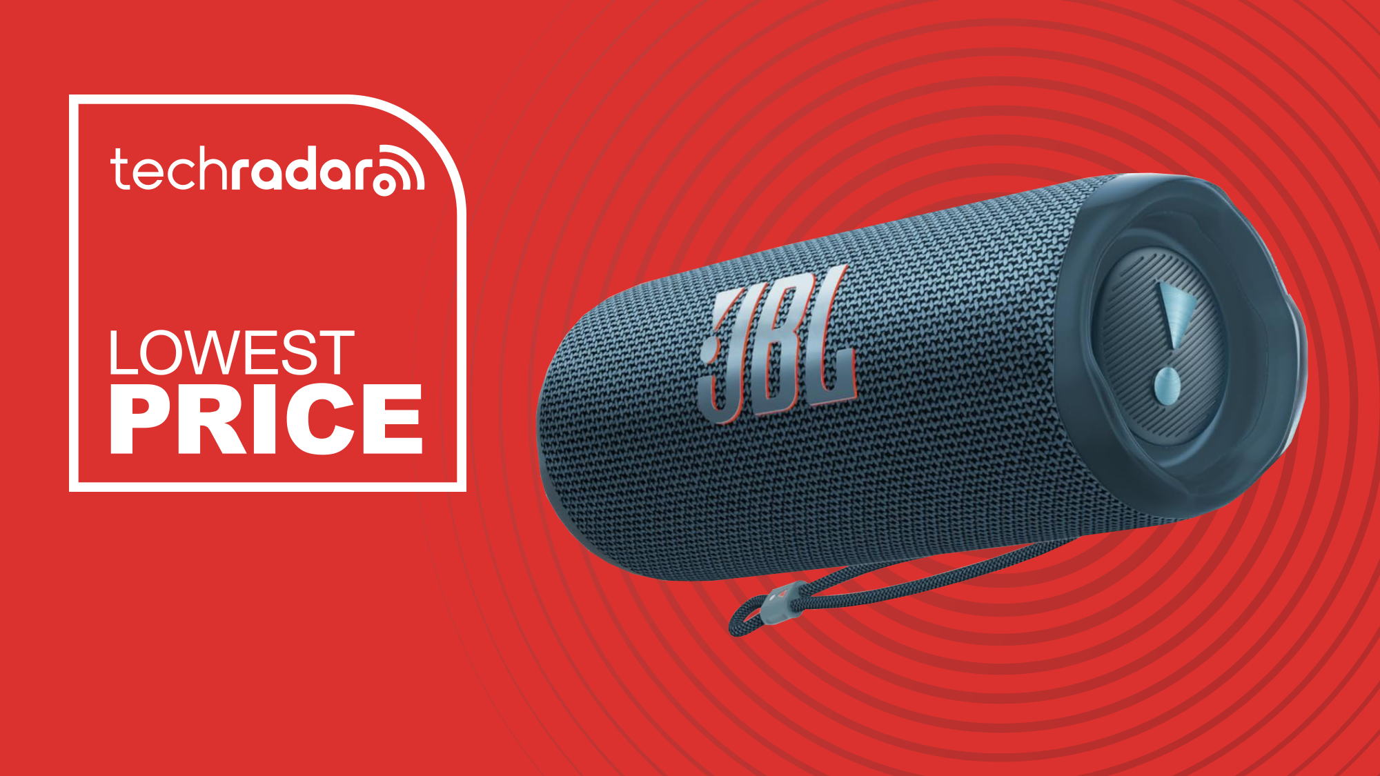 The JBL Flip 6 on a red background featuring the words &#039;Lowest price&#039;.
