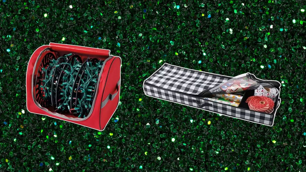 aldi christmas decor storage picks including a lights storage bag in red and black checkered wrapping paper storage bag on a green glittery background