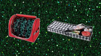 Aldi christmas decor storage picks including a lights storage bag in red and black checkered wrapping paper storage bag on a green glittery background