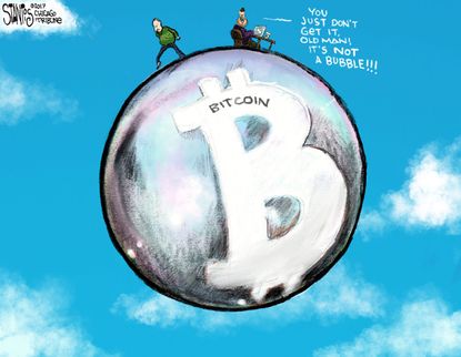 Political cartoon World Bitcoin inflation bubble
