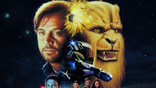 A cropped image of Wing Commander 3's cover art, showing Mark Hamill, an anthropomorphic cat alien, and a spaceship