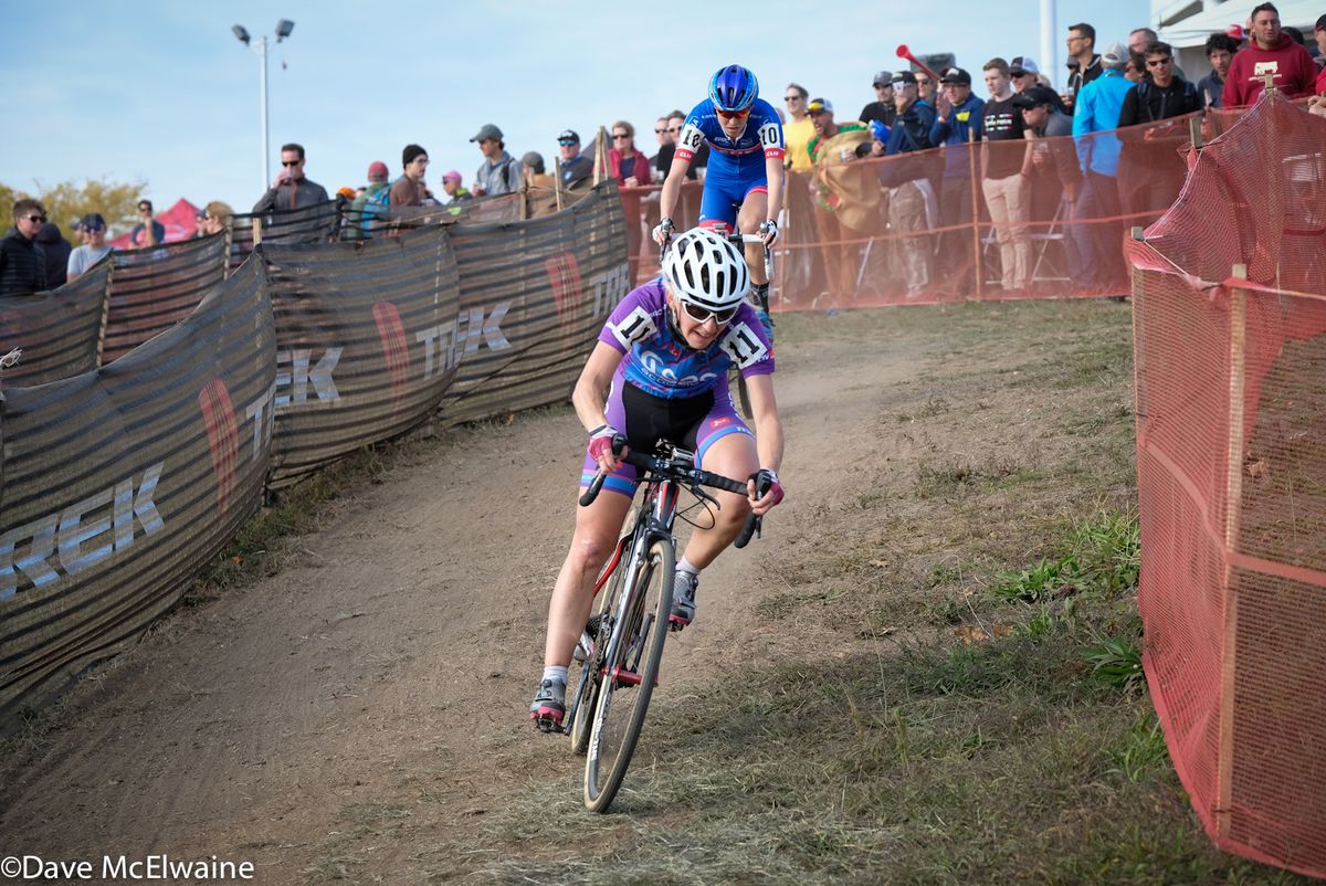 Christel Ferrier-Bruneau (SAS-Macogep) racing to a fourth place finish ahead of Maghalie Rochette