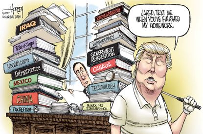 Political Cartoon U.S. Trump golfing Jared Kushner foreign policy work