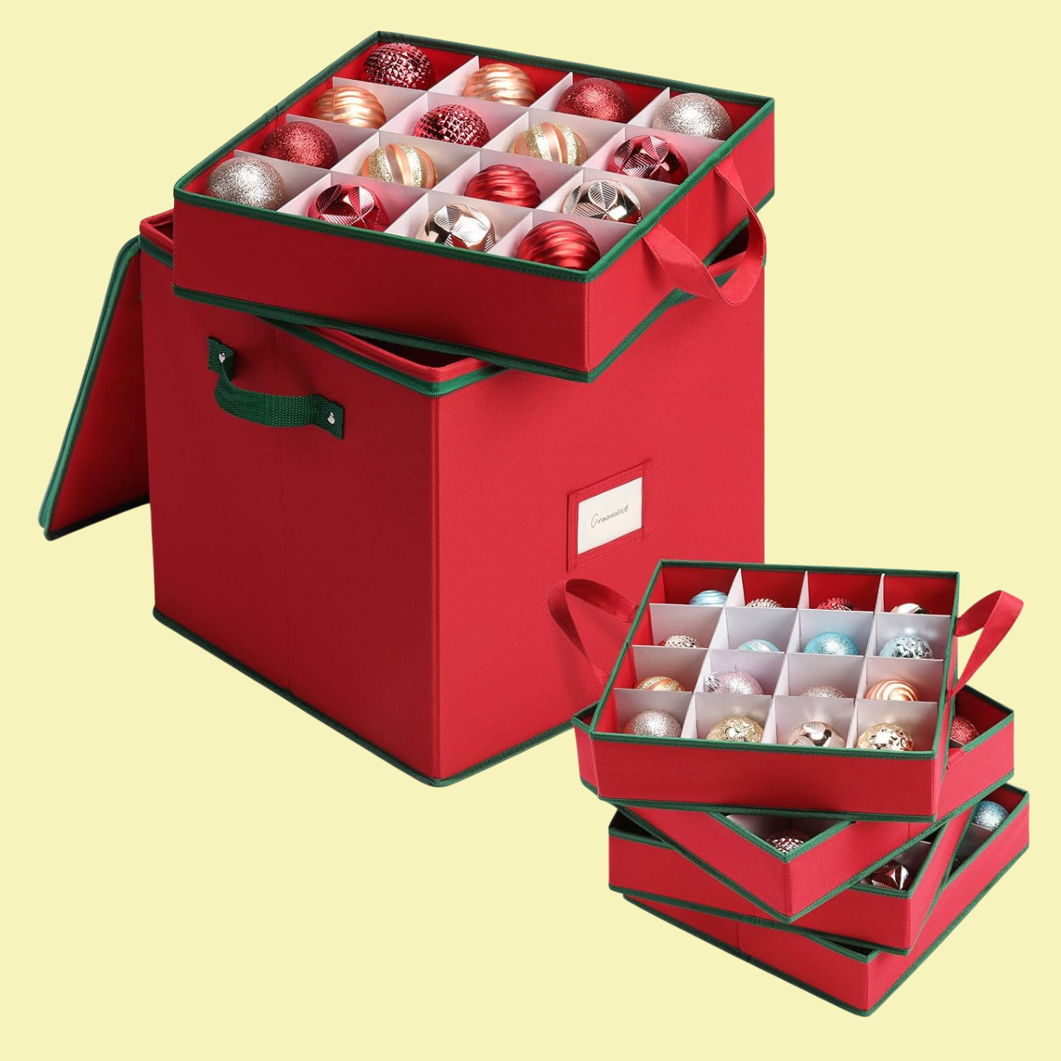 A red bauble storage box with tiered containers