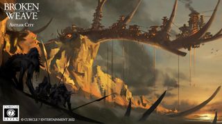 A city built into a giant antler looms on the horizon, while zombie-like creatures lurk in the foreground