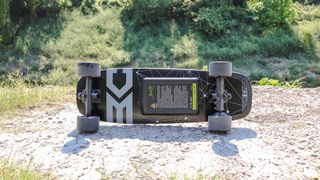 The underside of the Base Camp F11 electric skateboard