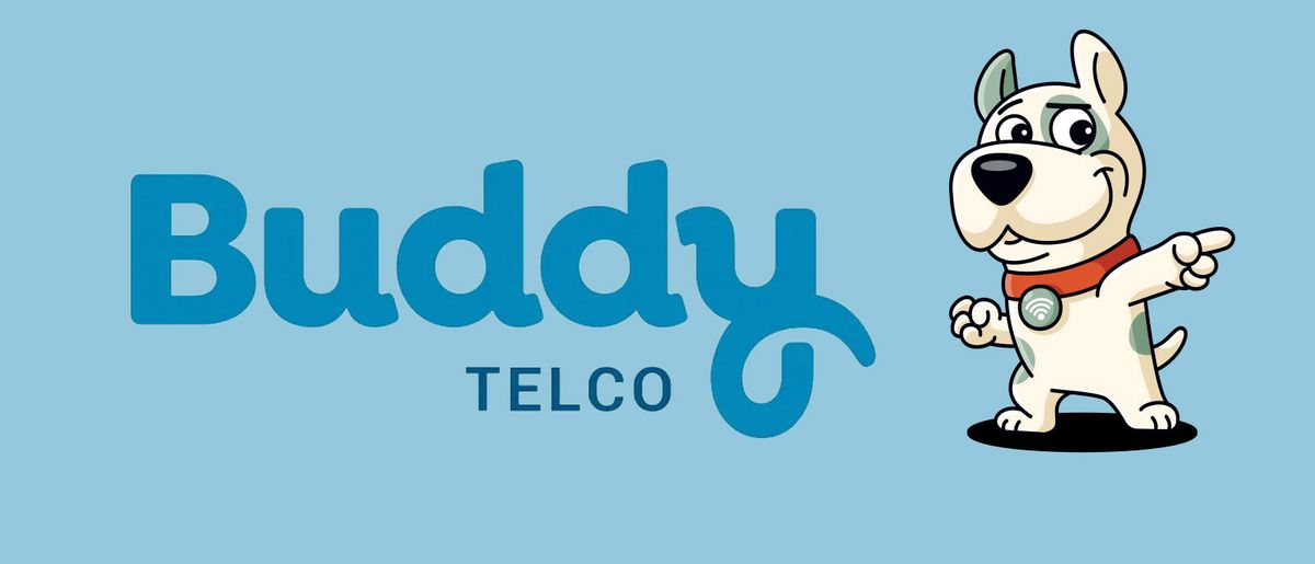 Buddy Telco logo and animated dog pointing to the right of the image