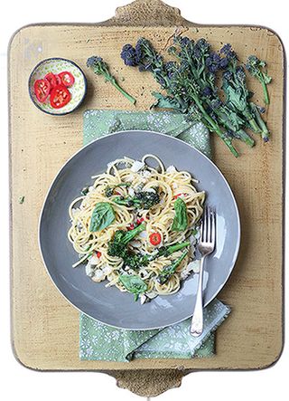 Spiced-lamb pizza with roasted purple-sprouting broccoli