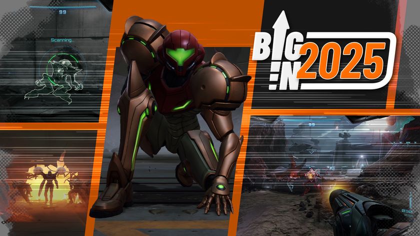 Metroid Prime 4: Beyond screenshots showing Samus crouched in an action pose next to a Big in 2025 logo