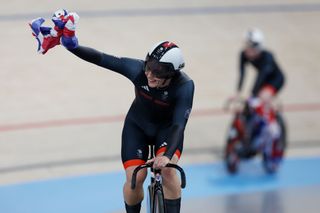 Katy Marchant of Team Great Britain celebrates as Gold medal winner during the Women's Team Sprint Finals on day ten of the Olympic Games Paris 2024