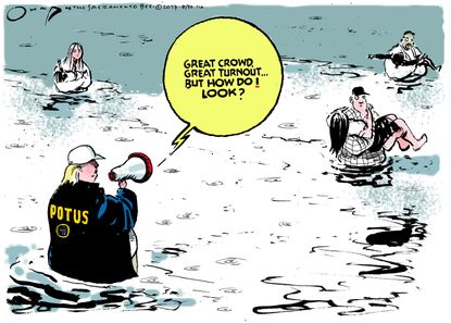 Political cartoon U.S. Harvey Trump speech crowd size Obama Katrina