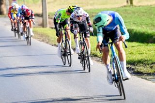 Belgian Tim Wellens of UAE Team Emirates and Belgian Dries De Bondt of Decathlon AG2R La Mondiale Team pictured in action during the Kuurne-Brussels-Kuurne one day cycling race, 196,9 km from Kuurne to Kuurne via Brussels, Sunday 02 March 2025. BELGA PHOTO DIRK WAEM (Photo by DIRK WAEM / BELGA MAG / Belga via AFP)