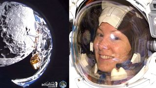 two pictures side by side. at left is a fish-eye view of a moon lander above the moon. at right is an astronaut smiling in a spacesuit helmet