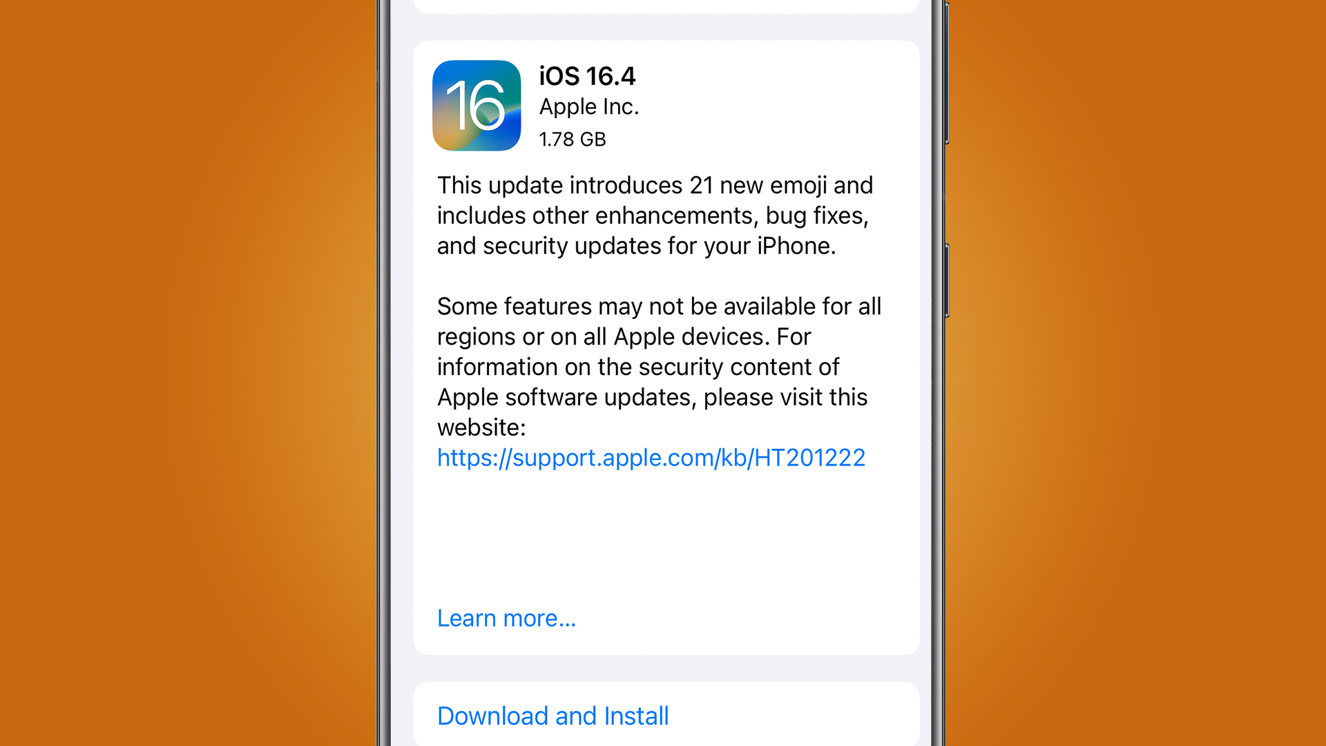 An iPhone on an orange background showing the iOS 16.4 update screen