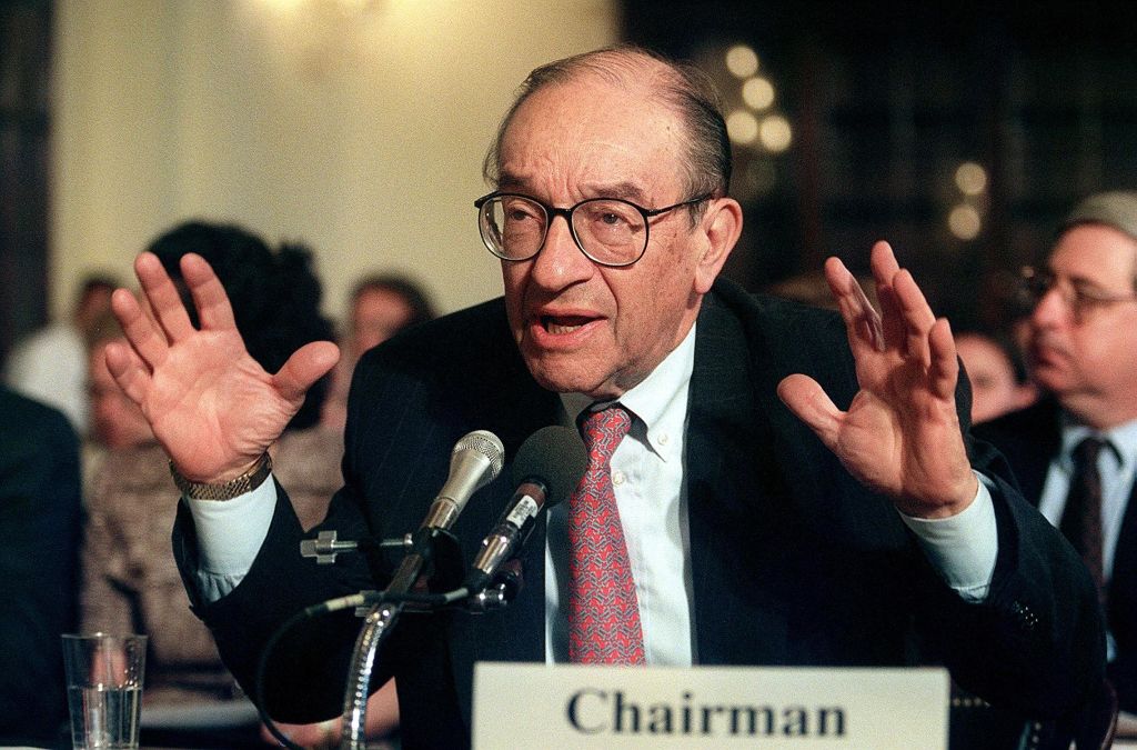 Former Fed Chair Alan Greenspan testifies before the US Congress Joint Economic Committee in June 1999.