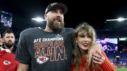 Taylor Swift and Travis Kelce attend the AFC Championship 