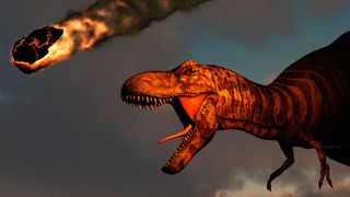 on the right, a shouting t rex-like dinosaur; a fiery rock streaks through the sky
