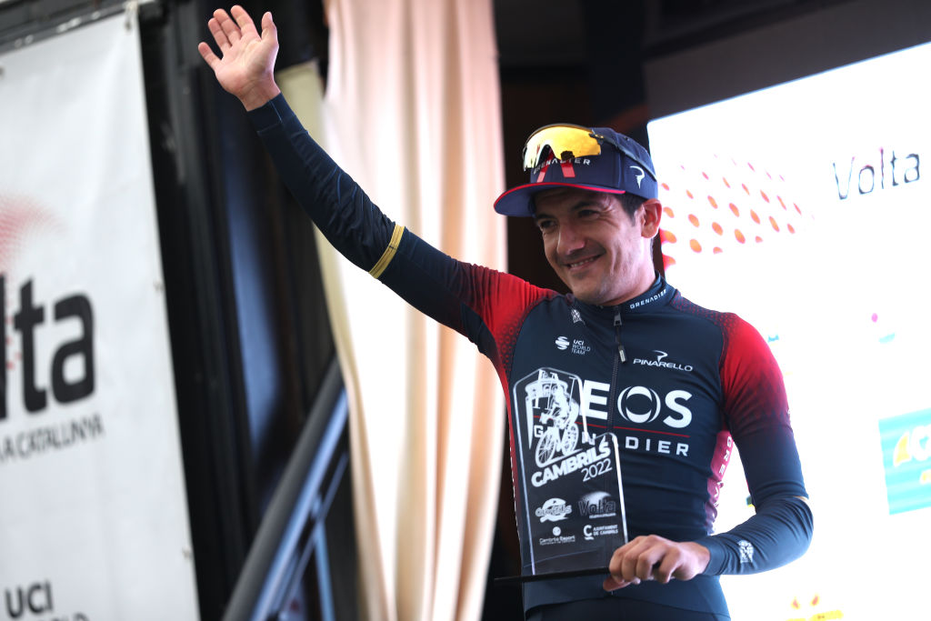 CAMBRILS SPAIN MARCH 26 Richard Carapaz of Ecuador and Team INEOS Grenadiers celebrates at podium as stage winner during the 101st Volta Ciclista a Catalunya 2022 Stage 6 a 1685km stage from Costa Daurada SalouCambrils to Costa Daurada SalouCambrils VoltaCatalunya101 WorldTour on March 26 2022 in Cambrils Spain Photo by Gonzalo Arroyo MorenoGetty Images
