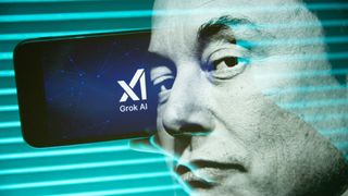 Double exposure photograph of a portrait of elon musk and a person holding a telephone displaying the grok artificial intelligence logo