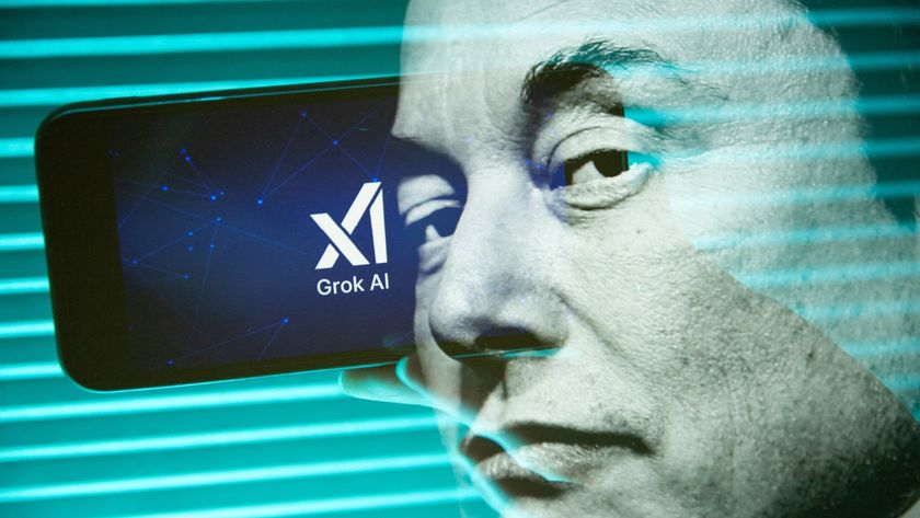 Double exposure photograph of a portrait of elon musk and a person holding a telephone displaying the grok artificial intelligence logo