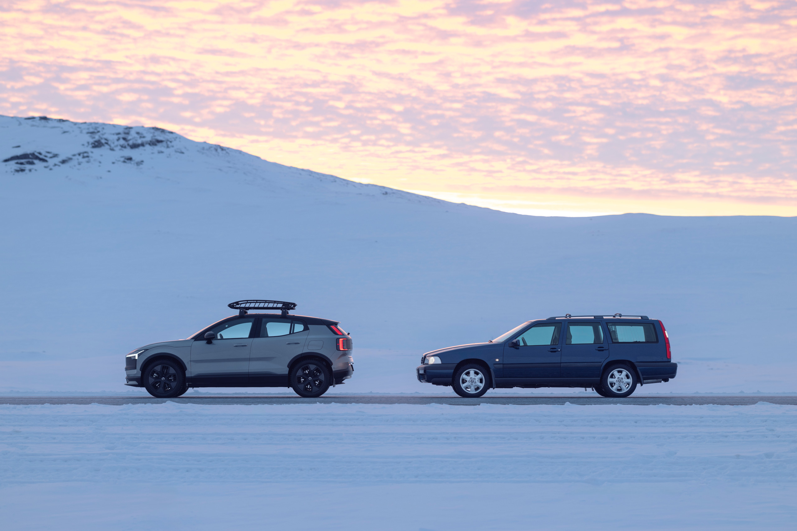 Volvo EX30 Cross Country alongside the original Volvo Cross Country from 1997