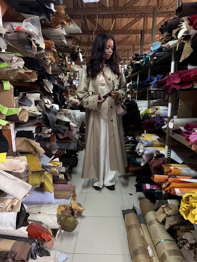 Fashion editor Sierra Mayhew visiting shoe factory in Lisbon, Portugal.