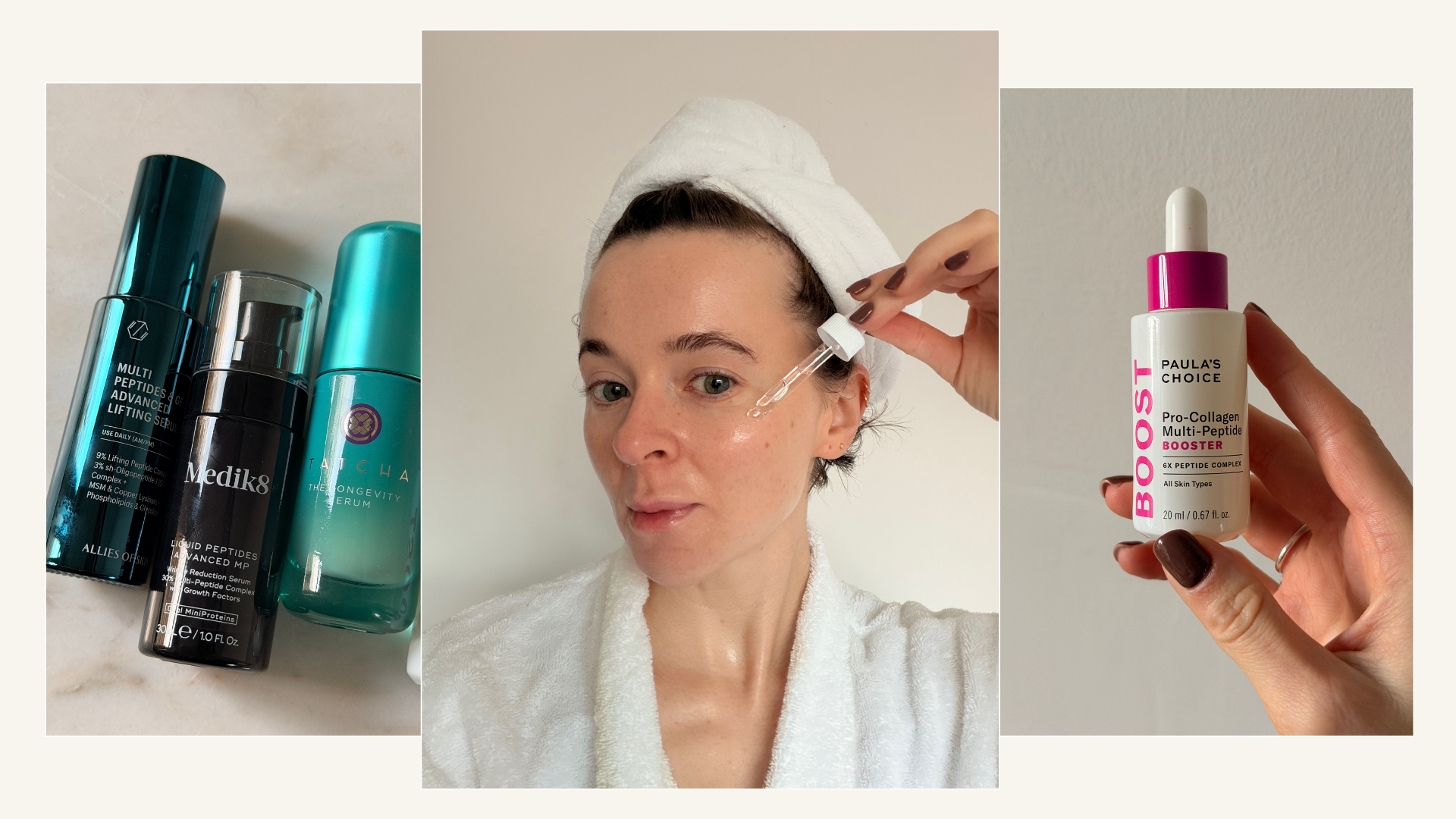 A collage featuring some of the best peptide serums, and a photo of Grace Day applying a serum to her skin