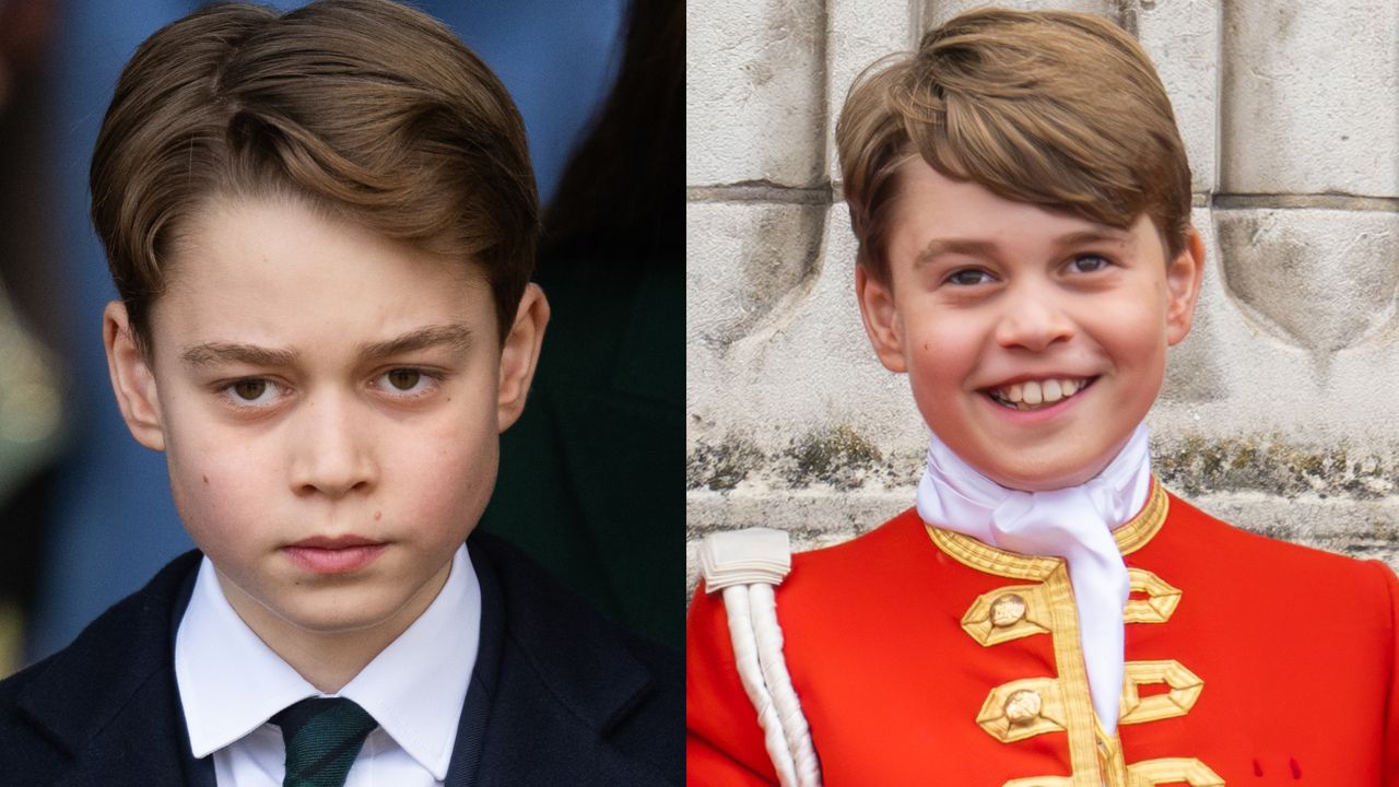 A photo of Prince George wearing a dark suit and white shirt with a tie looking serious next to a photo of him in a red and gold uniform smiling in front of a stone pillar