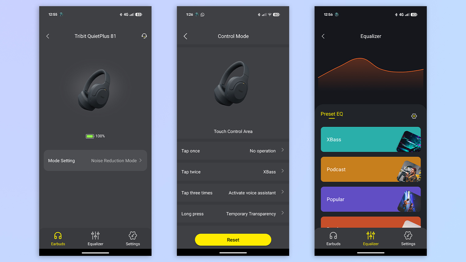 Screenshots of the Tribit smartphone app