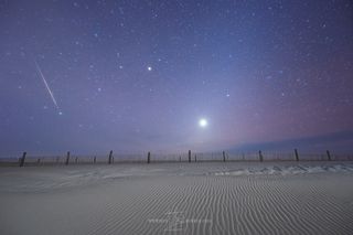 Astrophotographer Jeff Berkes captured this photo of a Geminid meteor over Assateague Island National Seashore in Maryland on Dec. 14, 2018, at 5 a.m. local time.