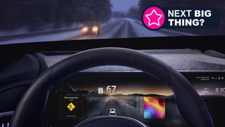 An in-car view of a steering wheel showing Harman's Ready Aware tech flagging alerts and driving info