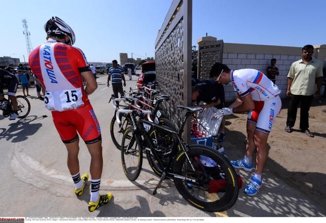 Team Katusha riders prepare for the opening stage at the Tour of Oman