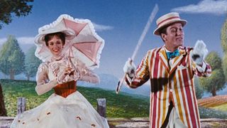 Mary Poppins dances in a cartoon field in Mary Poppins