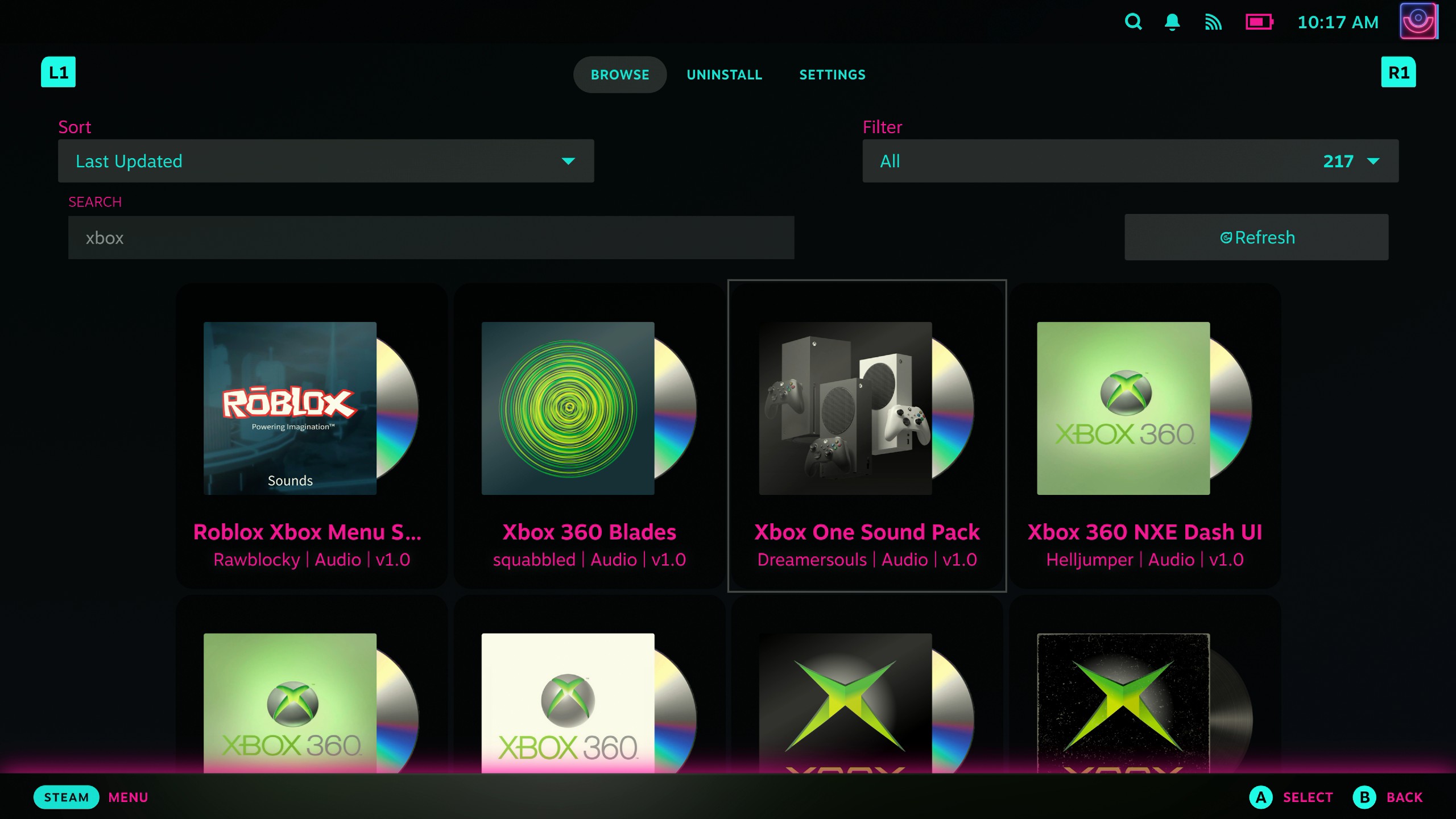 Searching for Xbox sounds in the Audio Loader plugin on Steam Deck.