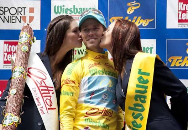 More kisses for a beaming Fredrik Kessiakoff (Astana)