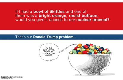 Political cartoon U.S. 2016 election Donald Trump skittles