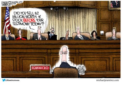 Political cartoon U.S. Equifax hearings stocks