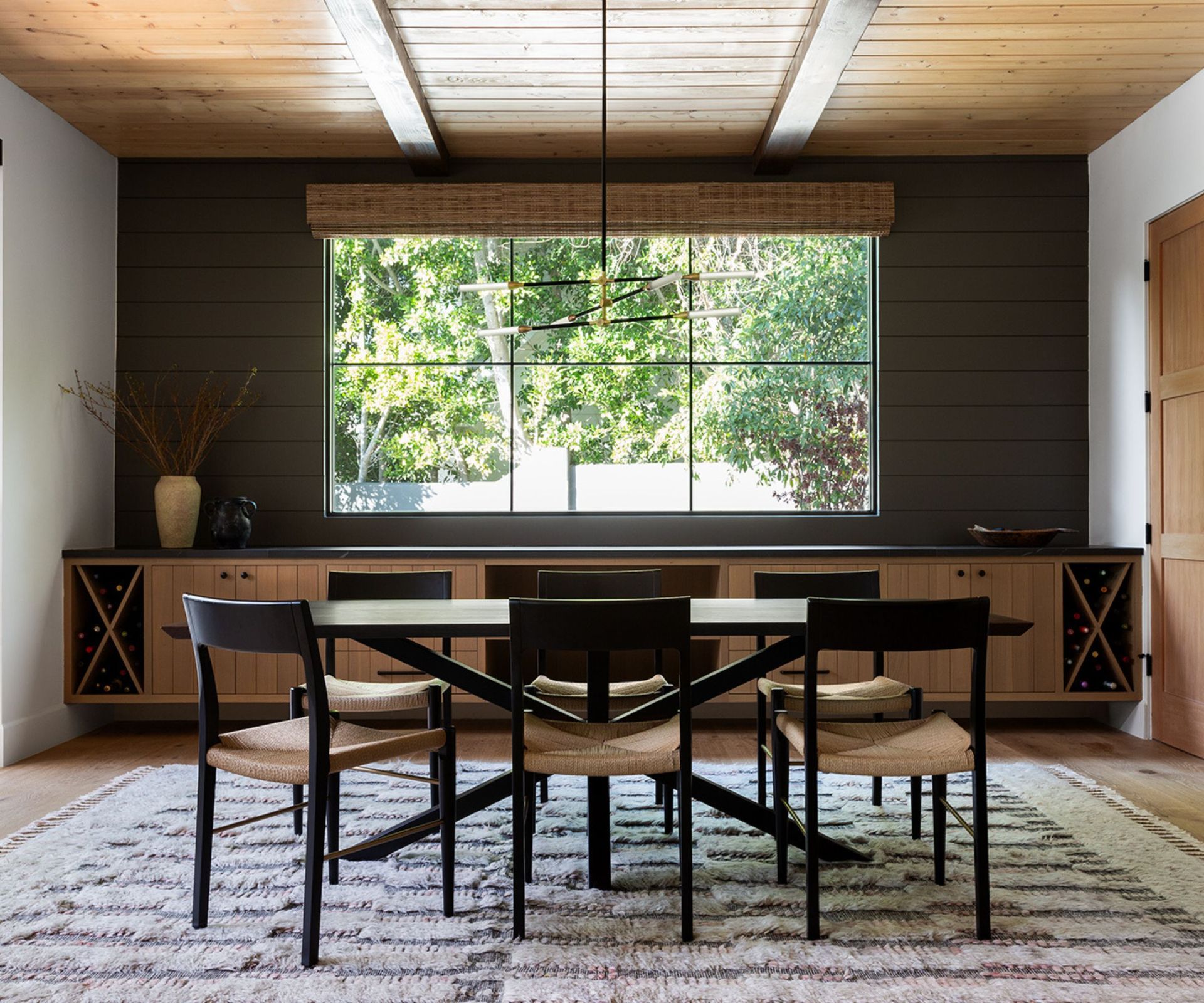 dining room with black chairs