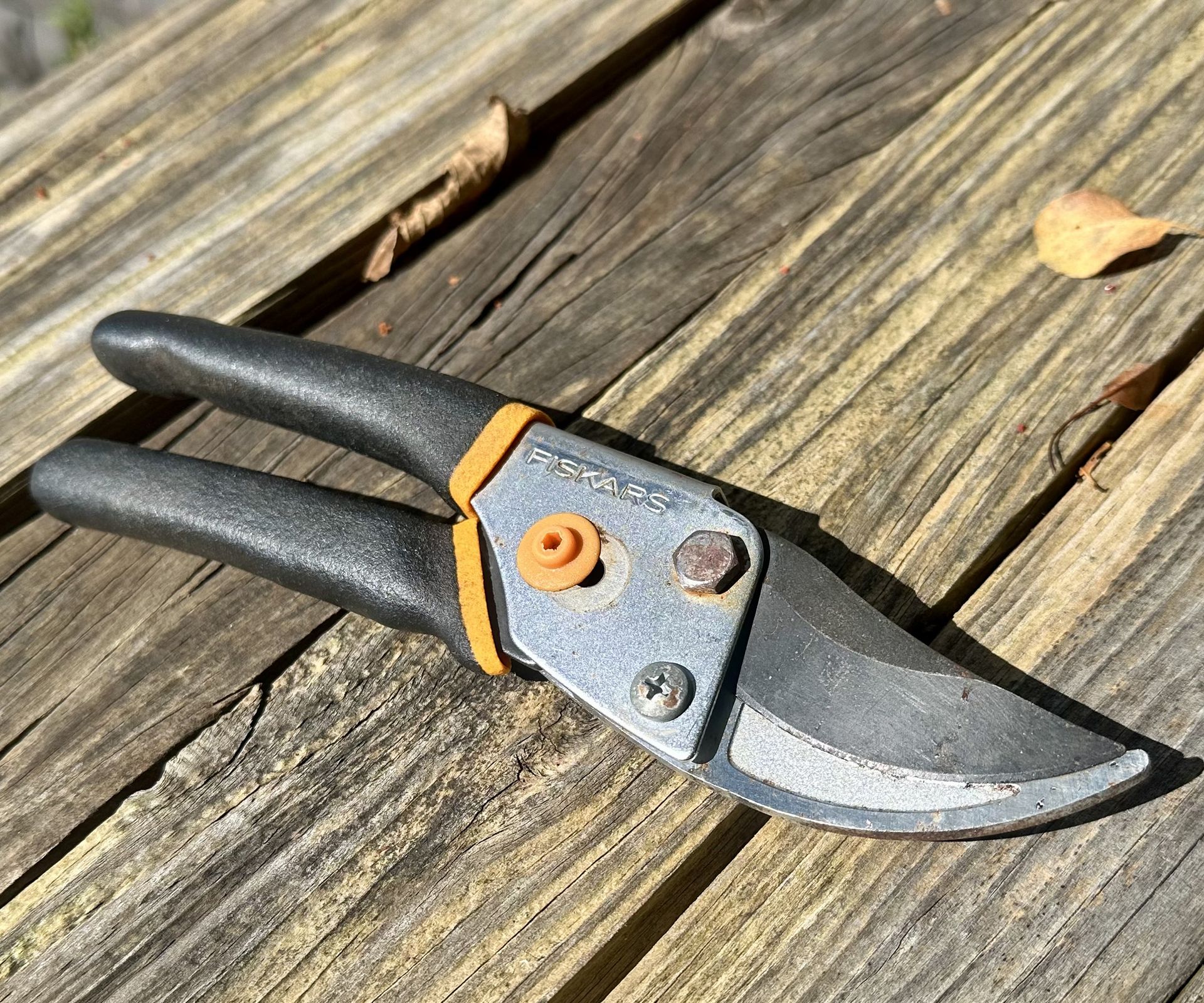 Fiskars 9109 bypass pruners on table in locked position