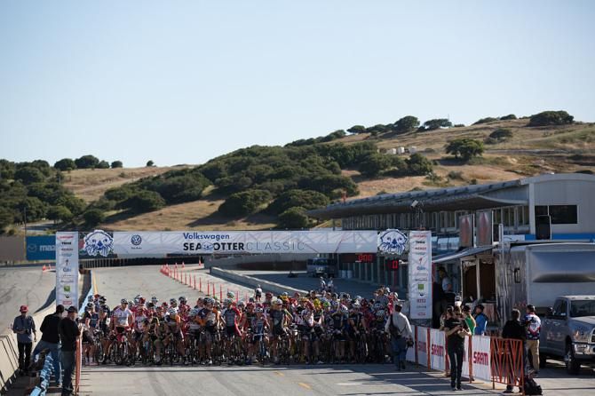 The men's field stages under clear skies and warm temperatures on the first morning of the Sea Otter Classic.
