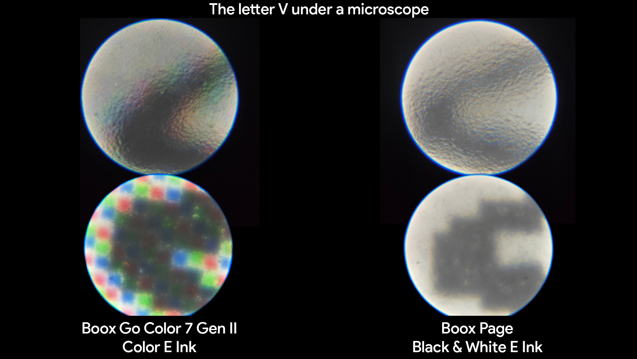 Comparing letter structures under a microscope between the Onyx Boox Page and Onyx Boox Go Color 7 Gen II
